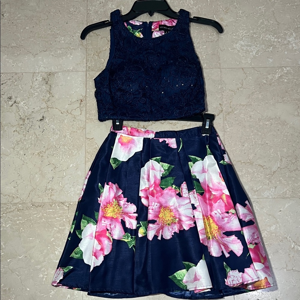 My Michelle Navy and Pink Lace Two-Piece Dress